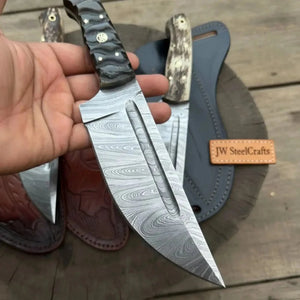 Premium Handmade Hunting Knife Set (3-Piece) Damascus Steel Fixed Blade Leather Sheaths detail view by JW SteelCrafts