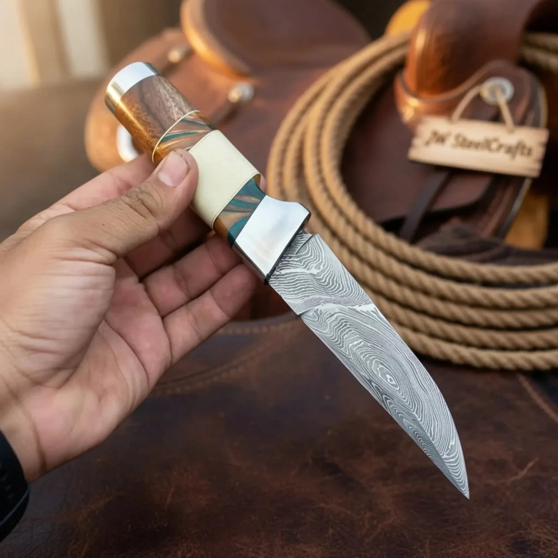 Hunting Knife 4.5” Damascus Steel Straight Back Blade Hybrid Wood Resin Handle Viking-Inspired detail view by JW SteelCrafts