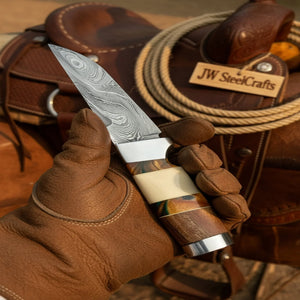 Hunting Knife 4.5” Damascus Steel Straight Back Blade Hybrid Wood Resin Handle Viking-Inspired detail view by JW SteelCrafts