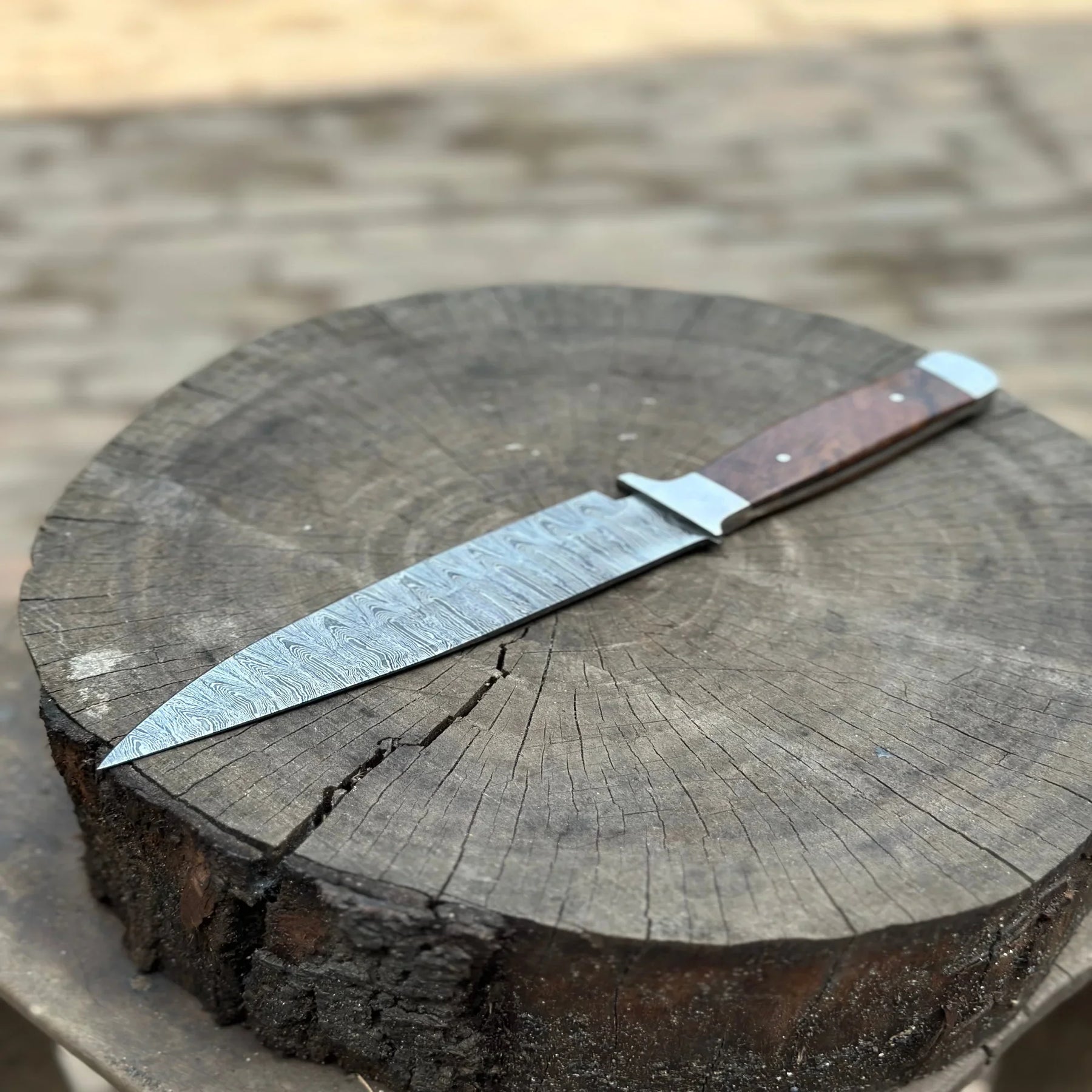 European Carving Knife Damascus Blade Wooden Handle Fixed Blade Tool detail view by JW SteelCrafts