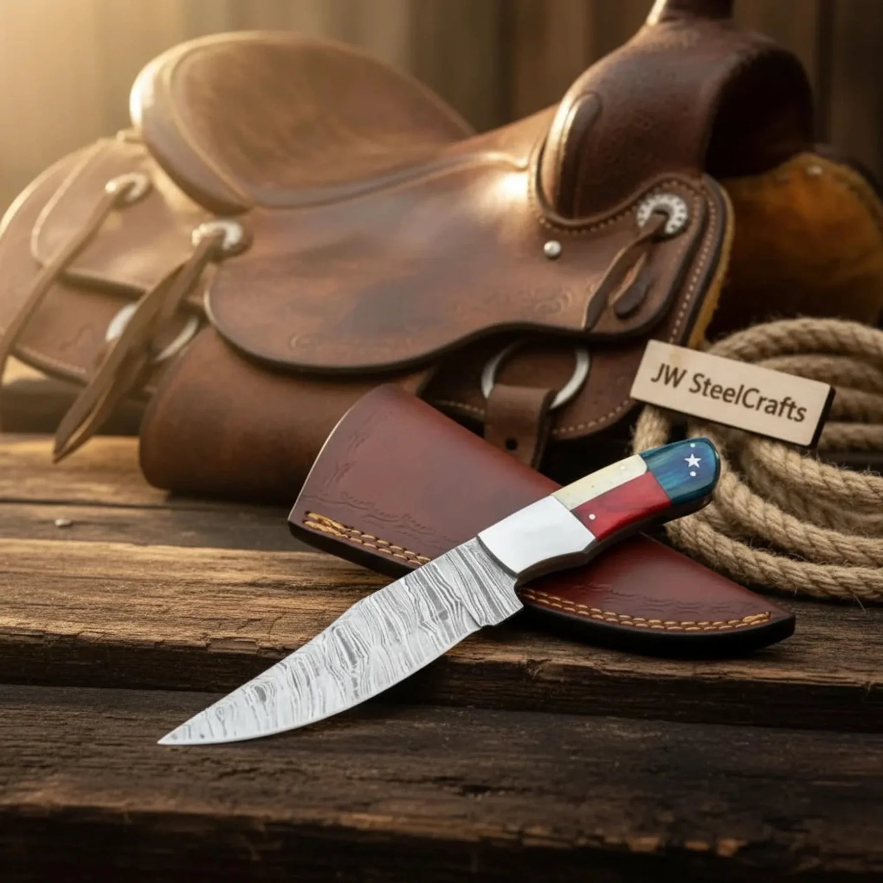 Damascus Camping Knife Fixed Blade USA Flag Resin Handle Outdoor Utility Knife with Sheath by JW SteelCrafts