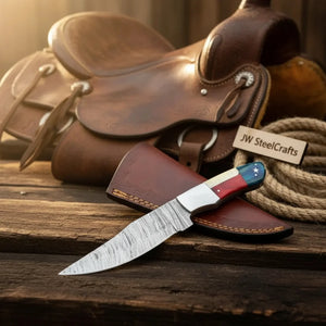 Damascus Camping Knife Fixed Blade USA Flag Resin Handle Outdoor Utility Knife with Sheath by JW SteelCrafts