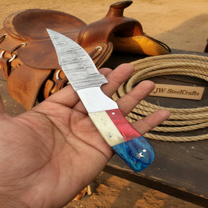 Damascus Camping Knife Fixed Blade USA Flag Resin Handle Outdoor Utility Knife with Sheath detail view by JW SteelCrafts