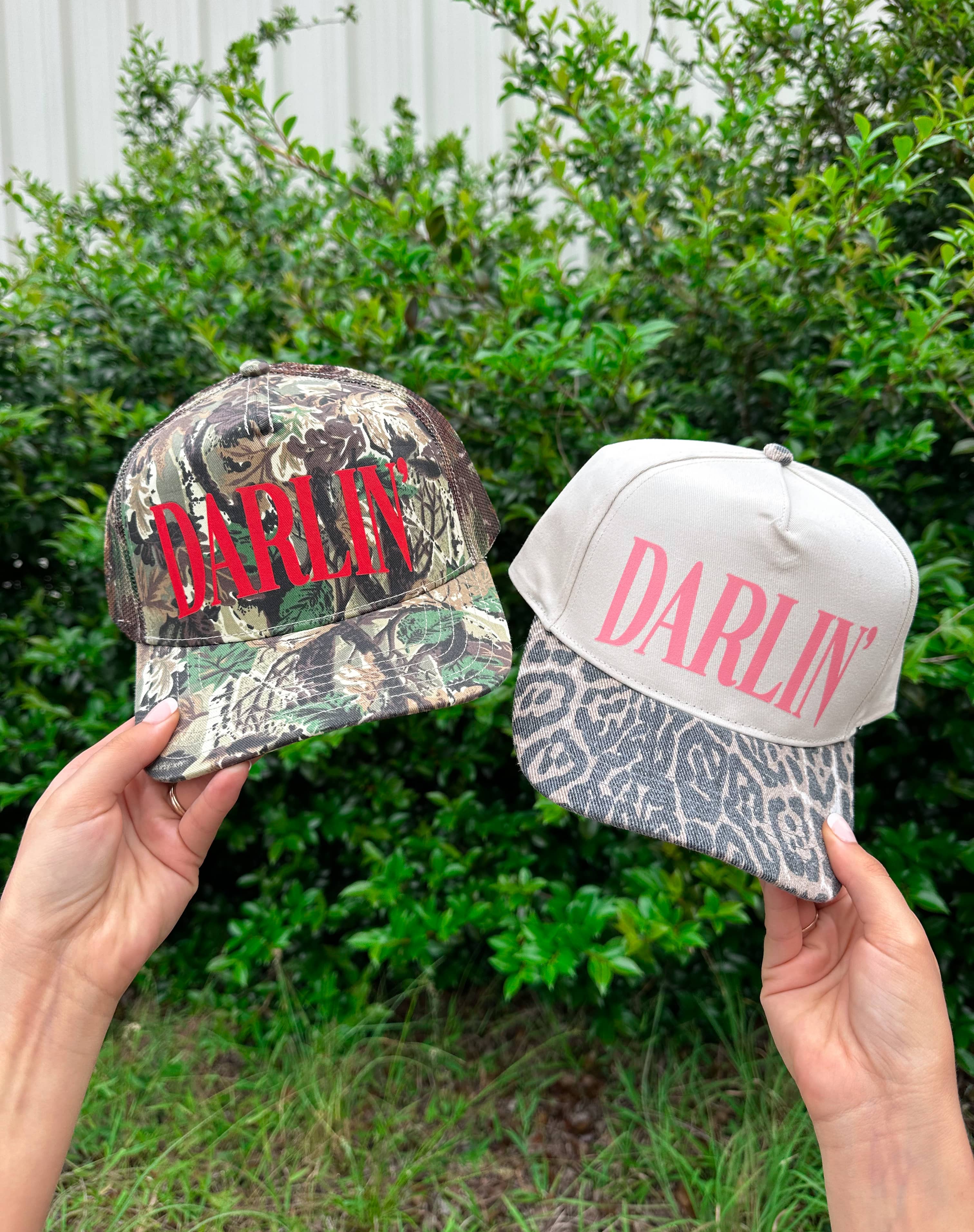 Darlin' (red font) Real Camo Canvas Trucker Hat detail view by Southern Bliss Company