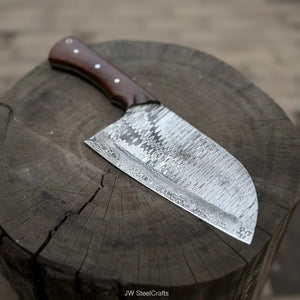10-Inch Damascus Camp Cleaver — 5.5 Inch Blade, Tali Wood Handle, Silver Pins & Black Spacer by JW SteelCrafts