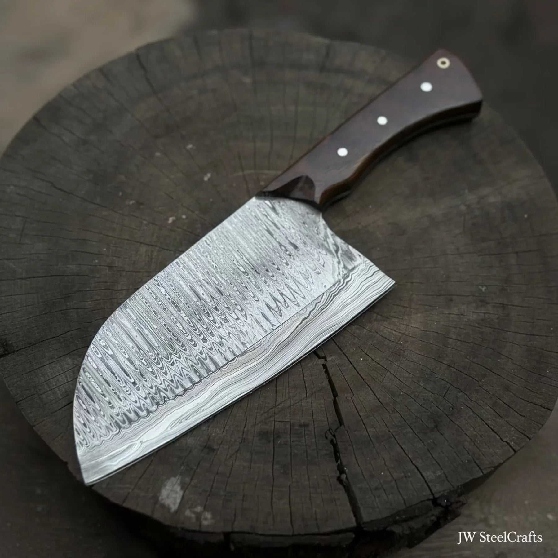 10-Inch Damascus Camp Cleaver — 5.5 Inch Blade, Tali Wood Handle, Silver Pins & Black Spacer detail view by JW SteelCrafts