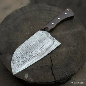 10-Inch Damascus Camp Cleaver — 5.5 Inch Blade, Tali Wood Handle, Silver Pins & Black Spacer detail view by JW SteelCrafts