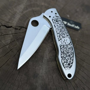 Engraved Spyderco Style Folder with Mirror Polished Leaf Blade by JW SteelCrafts