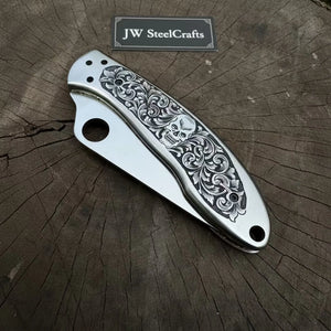 Engraved Spyderco Style Folder with Mirror Polished Leaf Blade detail view by JW SteelCrafts