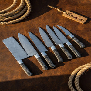 7-Piece Hammer Forged Damascus Chef Knife Set with Black Pakka Wood Handles detail view by JW SteelCrafts