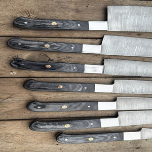 7-Piece Hammer Forged Damascus Chef Knife Set with Black Pakka Wood Handles detail view by JW SteelCrafts