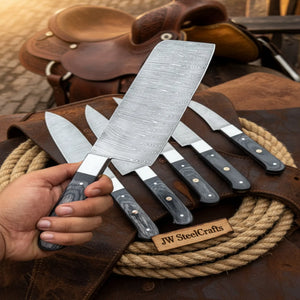 7-Piece Hammer Forged Damascus Chef Knife Set with Black Pakka Wood Handles detail view by JW SteelCrafts