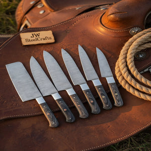 7-Piece Hammer Forged Damascus Chef Knife Set with Black Pakka Wood Handles by JW SteelCrafts
