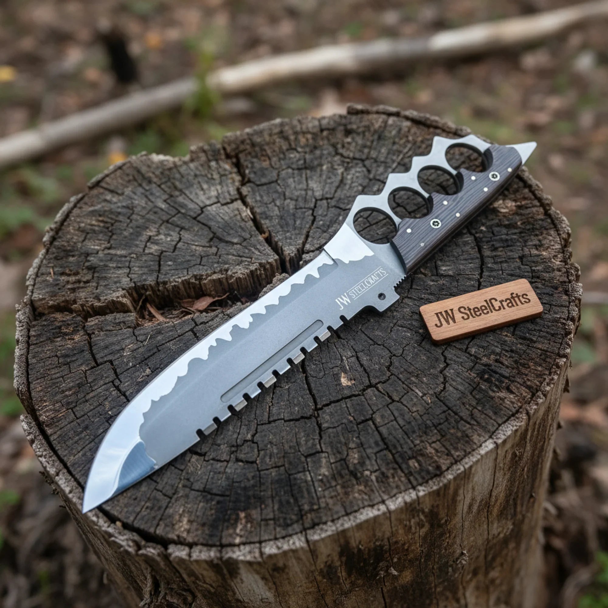 14-Inch High Carbon Steel Combat Knife — Acid Etched Tanto Blade, Knuckle Duster Guard & Wenge Wood Handle detail view by JW