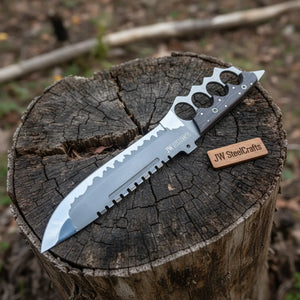 14-Inch High Carbon Steel Combat Knife — Acid Etched Tanto Blade, Knuckle Duster Guard & Wenge Wood Handle detail view by JW