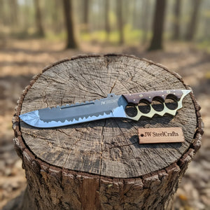 14-Inch High Carbon Steel Combat Knife — Acid Etched Tanto Blade, Knuckle Duster Guard & Wenge Wood Handle detail view by JW
