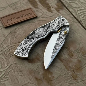 Hand Engraved Neck Folding Knife with Eagle Motif Stainless Steel Scales detail view by JW SteelCrafts
