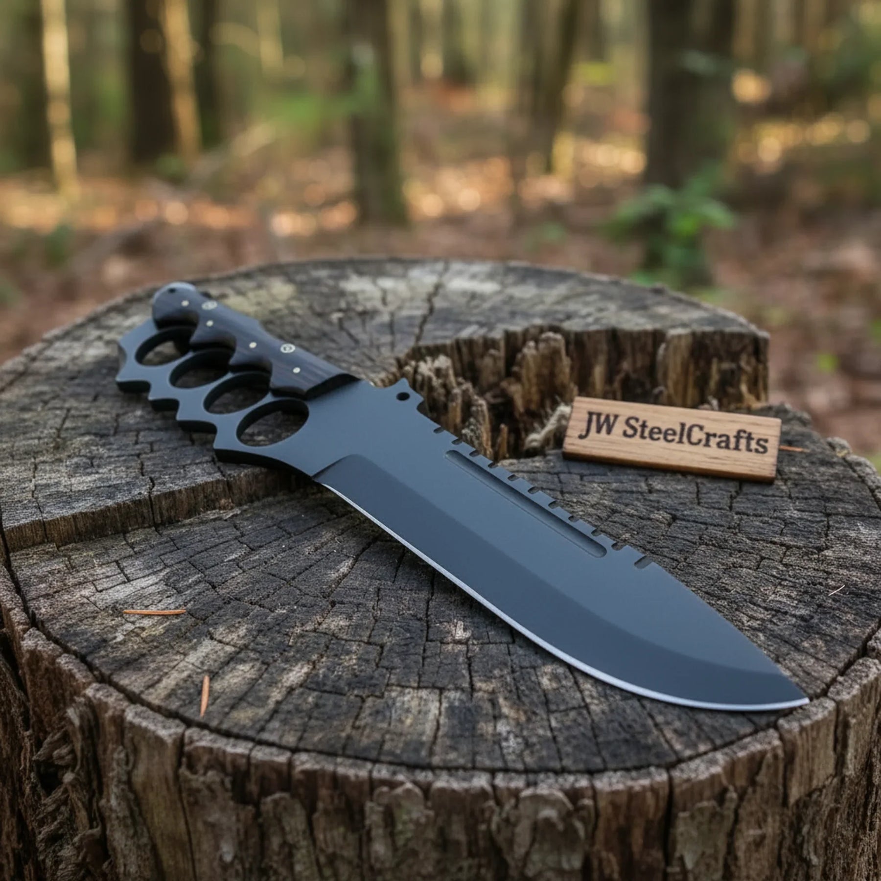 Knuckle Handle Tactical Knife Acid Etched Drop Point Fixed Blade by JW SteelCrafts