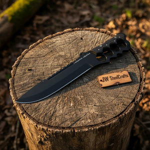 Knuckle Handle Tactical Knife Acid Etched Drop Point Fixed Blade detail view by JW SteelCrafts