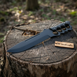 Knuckle Handle Tactical Knife Acid Etched Drop Point Fixed Blade detail view by JW SteelCrafts
