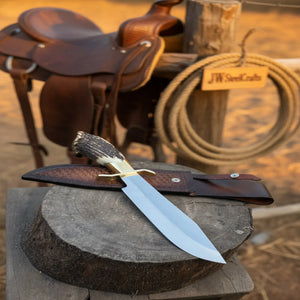 Handmade Carbon Steel Hunting Knife with Stag Horn Handle & Leather Sheath by JW SteelCrafts