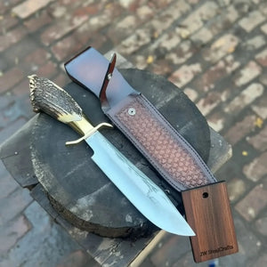 Handmade Carbon Steel Hunting Knife with Stag Horn Handle & Leather Sheath detail view by JW SteelCrafts