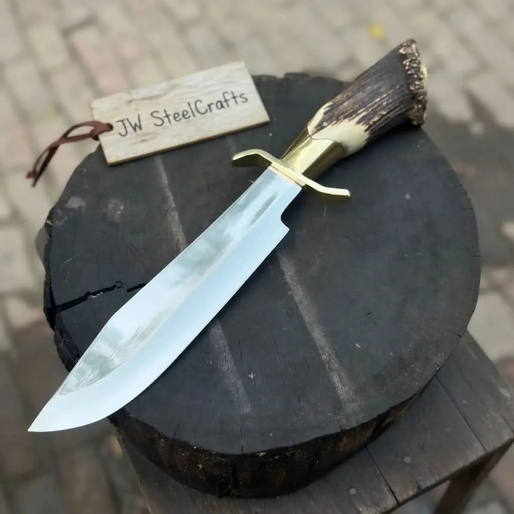Handmade Carbon Steel Hunting Knife with Stag Horn Handle & Leather Sheath detail view by JW SteelCrafts