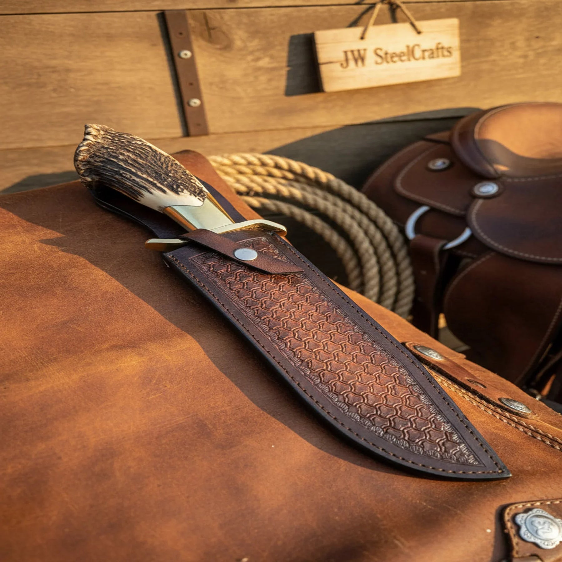 Handmade Carbon Steel Hunting Knife with Stag Horn Handle & Leather Sheath detail view by JW SteelCrafts