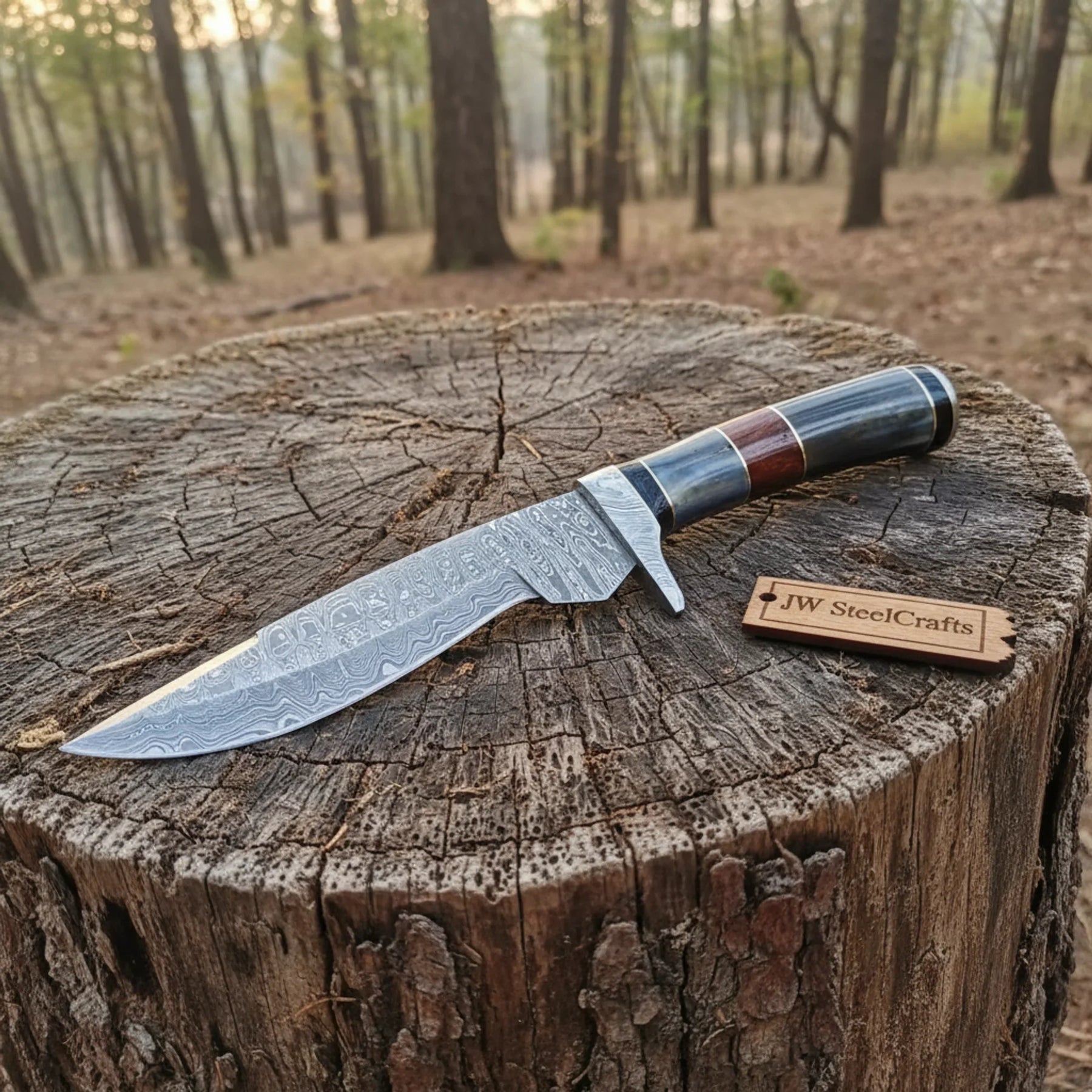 Handmade Damascus Bowie Knife with Colored Bone Handle | Full Tang Fixed Blade detail view by JW SteelCrafts