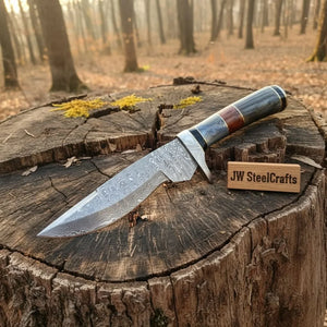 Handmade Damascus Bowie Knife with Colored Bone Handle | Full Tang Fixed Blade by JW SteelCrafts