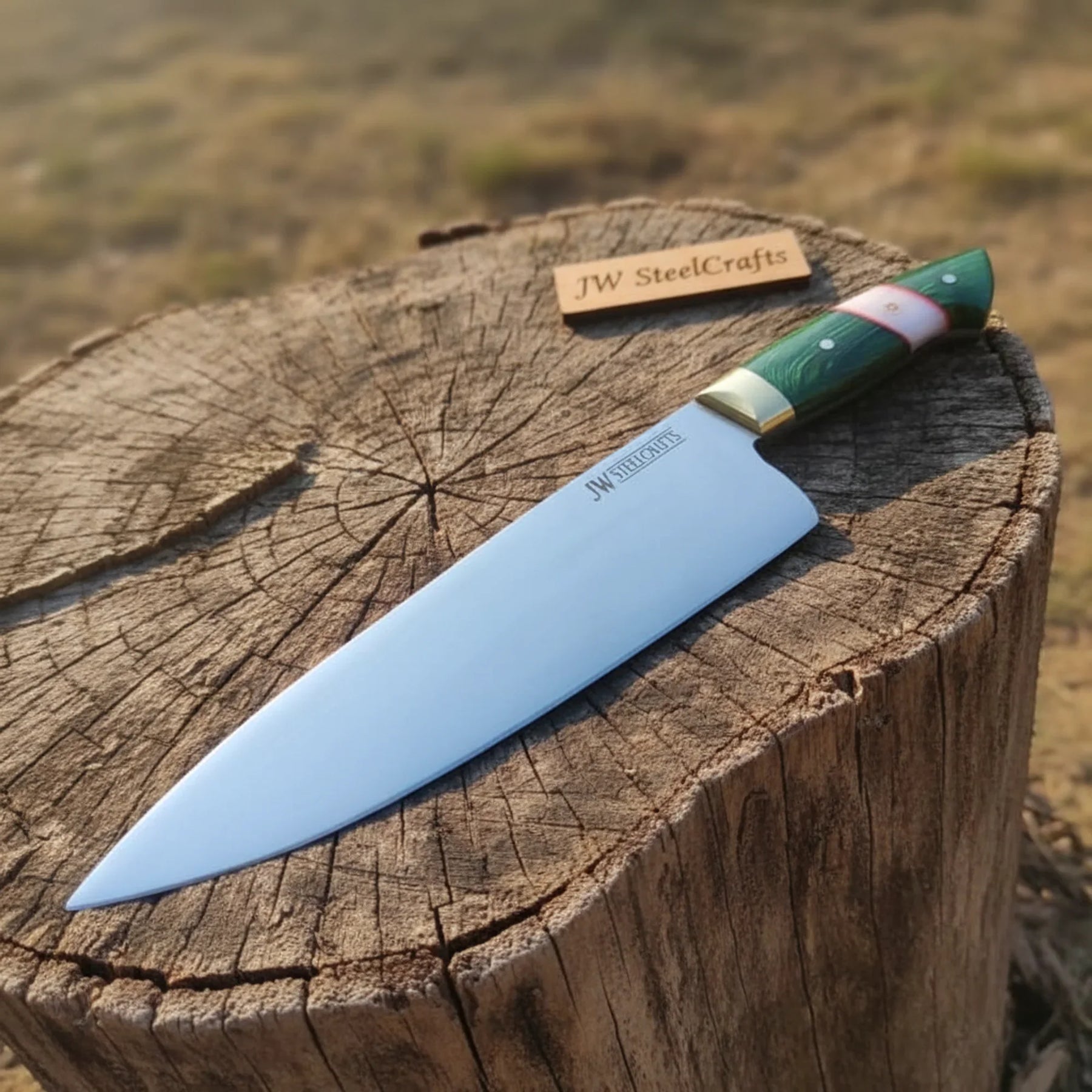 Carbon Steel Chef Knife 8” blade Green Handle Sharp Kitchen Knife detail view by JW SteelCrafts