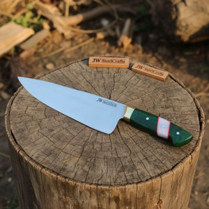 Carbon Steel Chef Knife 8” blade Green Handle Sharp Kitchen Knife by JW SteelCrafts
