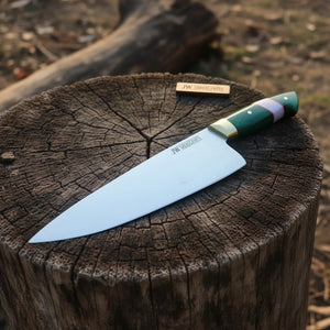 Carbon Steel Chef Knife 8” blade Green Handle Sharp Kitchen Knife detail view by JW SteelCrafts