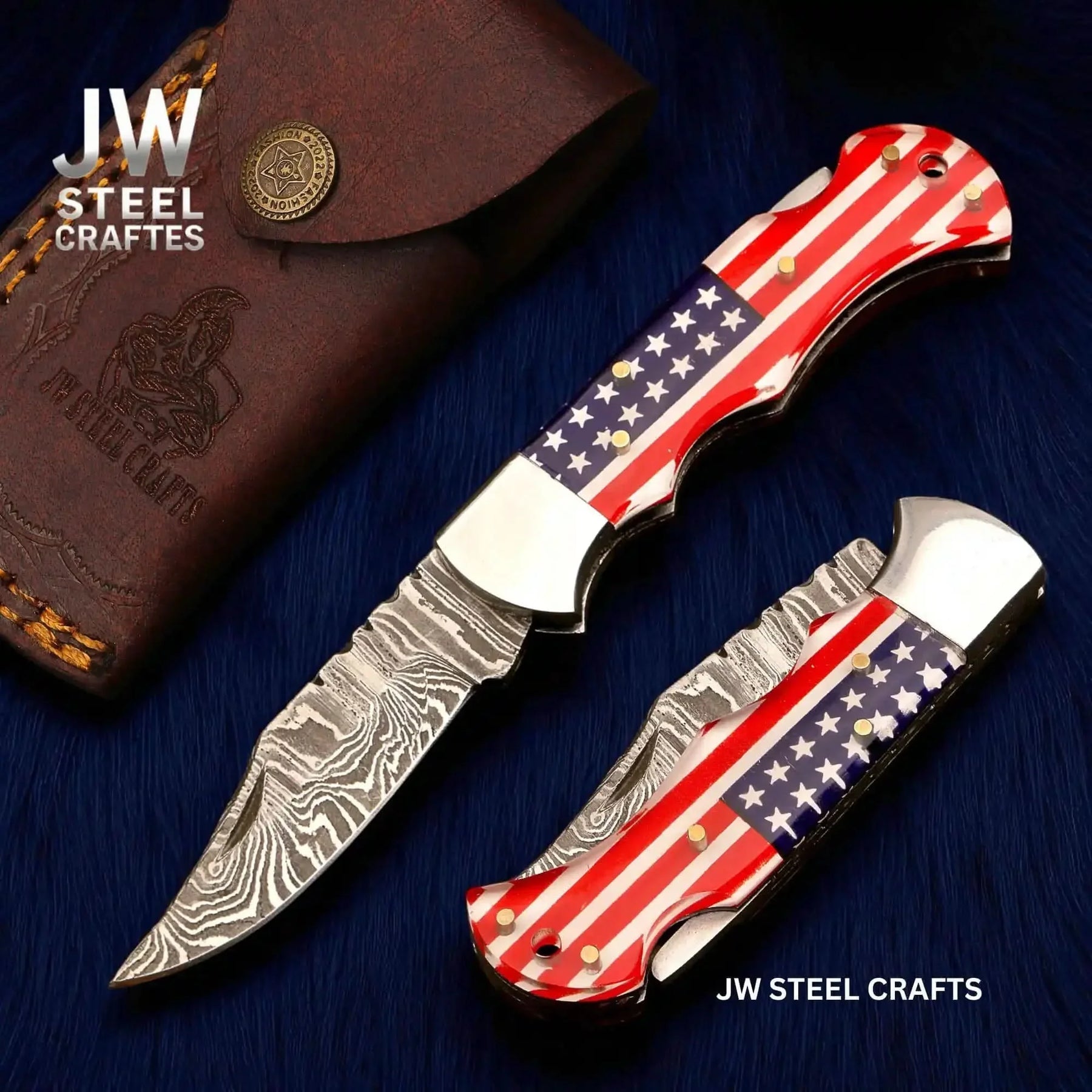 American Flag Damascus Folding Hunter with Ram Horn Handle by JW SteelCrafts
