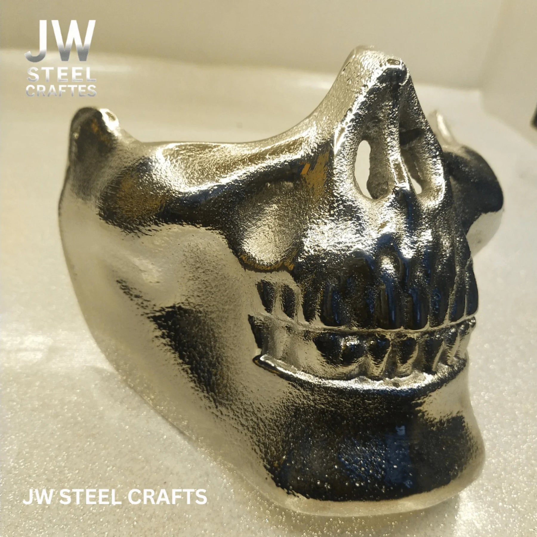 Polished Metal Skull Decor | Handmade Cast Aluminum Skull Sculpture detail view by JW SteelCrafts