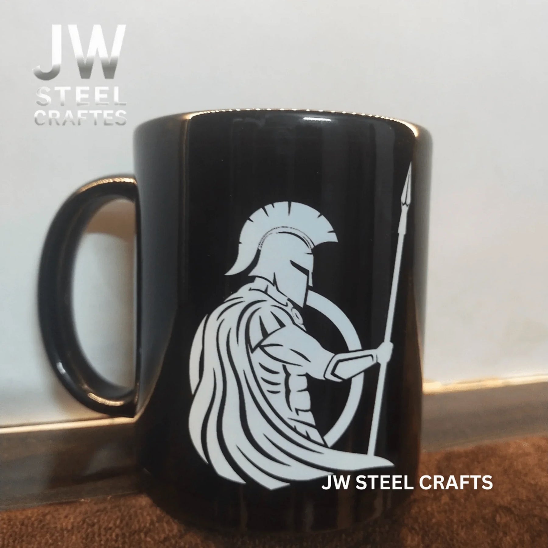 Spartan Warrior Mug | Black Ceramic Coffee Cup | JW SteelCrafts detail view by JW SteelCrafts