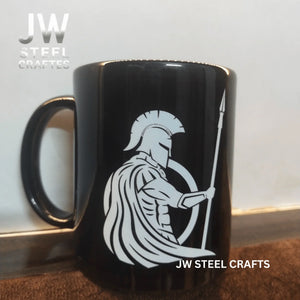 Spartan Warrior Mug | Black Ceramic Coffee Cup | JW SteelCrafts detail view by JW SteelCrafts