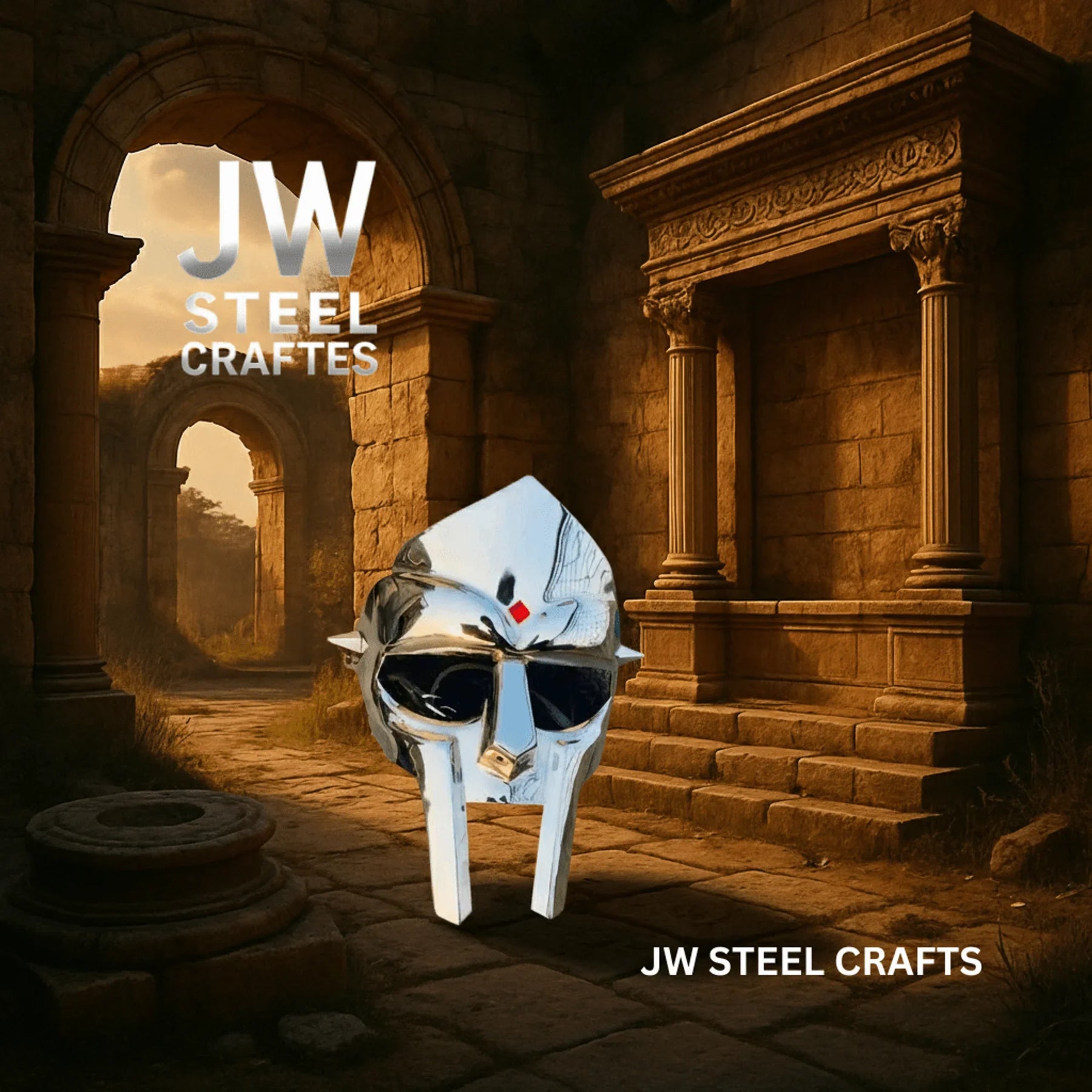 Polished Gladiator Face Mask | Handcrafted Metal Decorative Helmet Art detail view by JW SteelCrafts