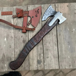 Engraved Leviathan Axe Replica with Carved Wood Handle detail view by JW SteelCrafts