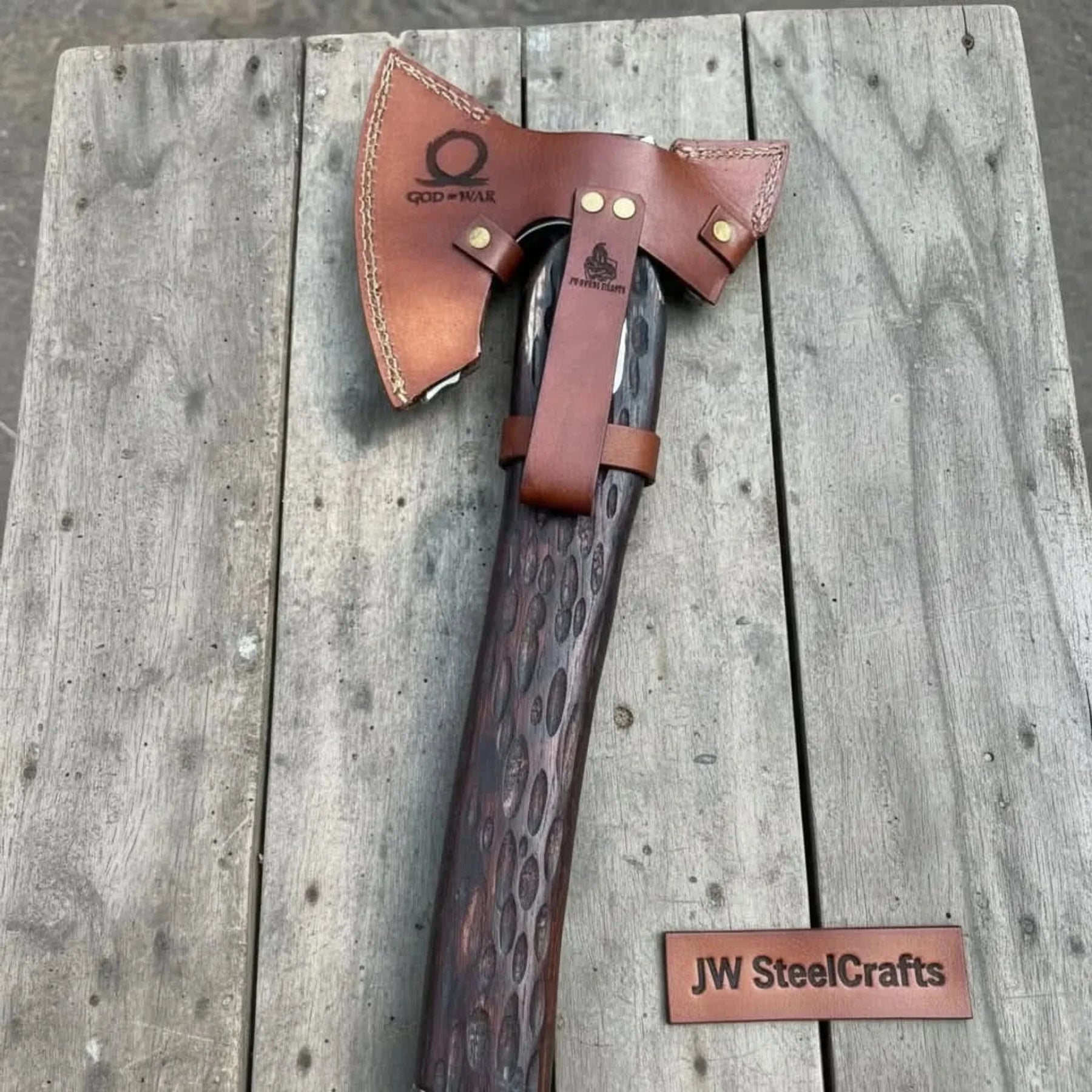 Engraved Leviathan Axe Replica with Carved Wood Handle detail view by JW SteelCrafts