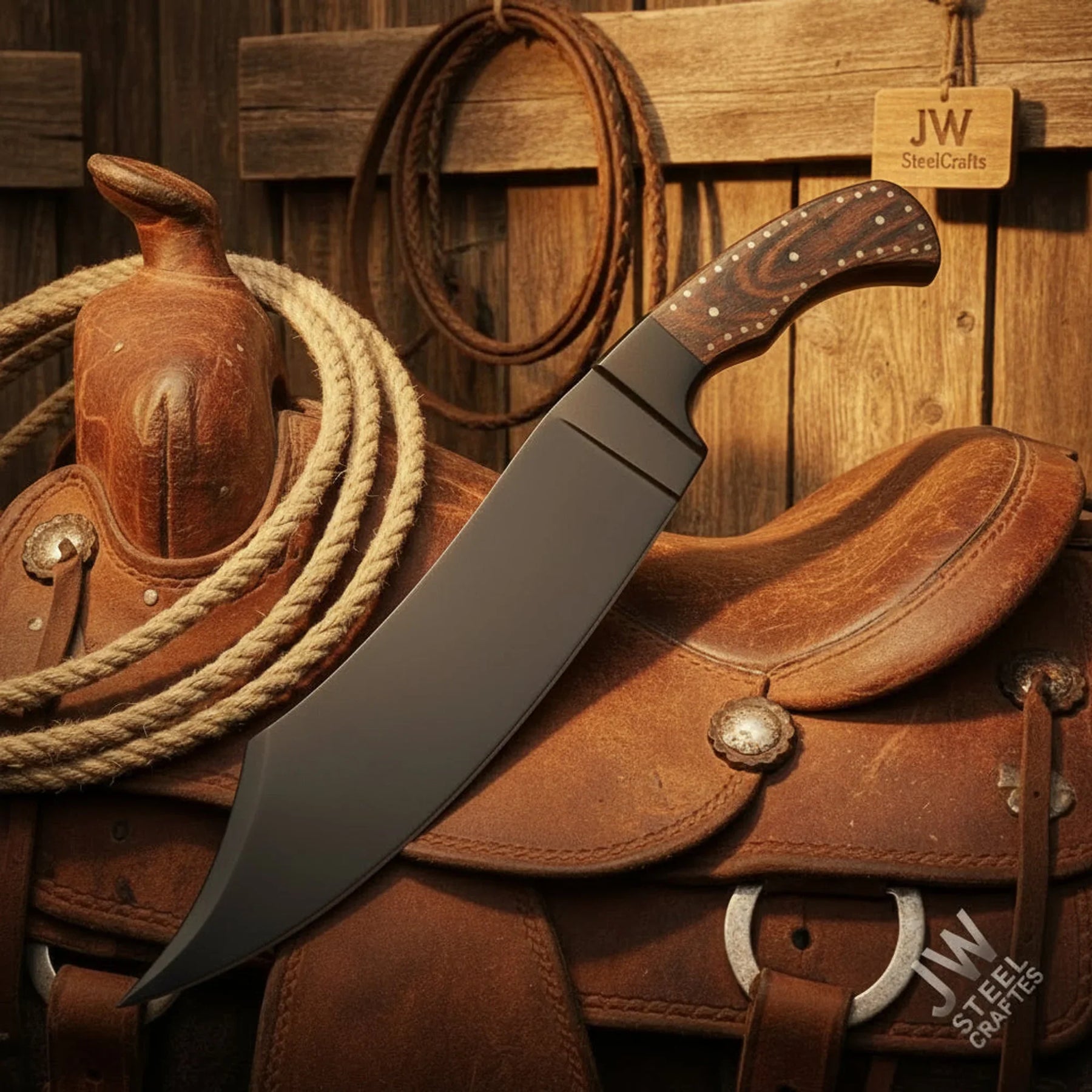 Hand-Forged High Carbon Steel Bowie Knife 13-Inch Trailing Point detail view by JW SteelCrafts