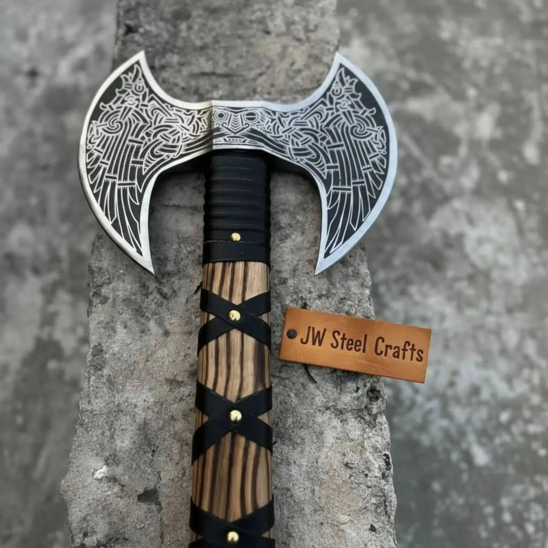 Hand Engraved Double Headed Viking Axe with Nordic Knotwork and Leather Wrapped Handle by JW SteelCrafts
