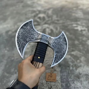 Hand Engraved Double Headed Viking Axe with Nordic Knotwork and Leather Wrapped Handle detail view by JW SteelCrafts