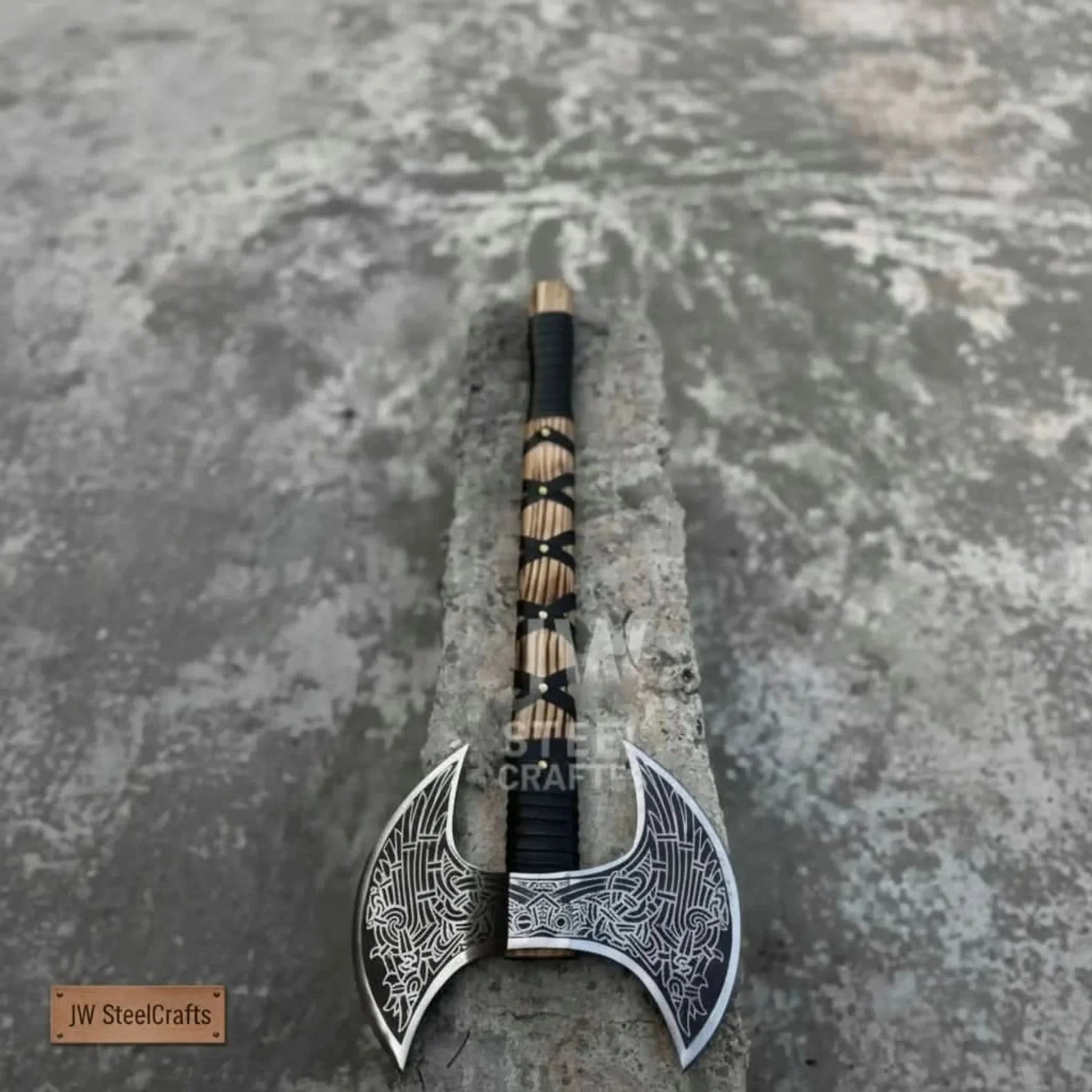 Hand Engraved Double Headed Viking Axe with Nordic Knotwork and Leather Wrapped Handle detail view by JW SteelCrafts