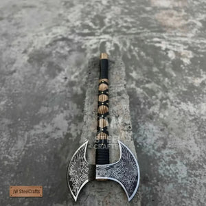 Hand Engraved Double Headed Viking Axe with Nordic Knotwork and Leather Wrapped Handle detail view by JW SteelCrafts