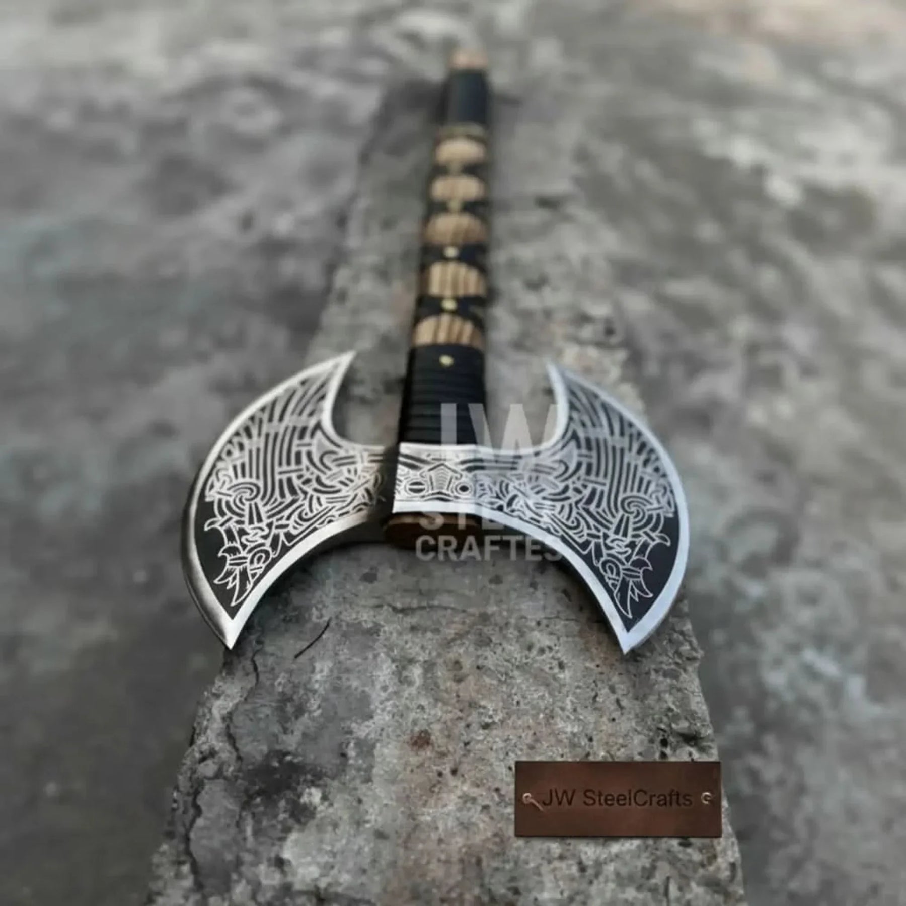 Hand Engraved Double Headed Viking Axe with Nordic Knotwork and Leather Wrapped Handle detail view by JW SteelCrafts