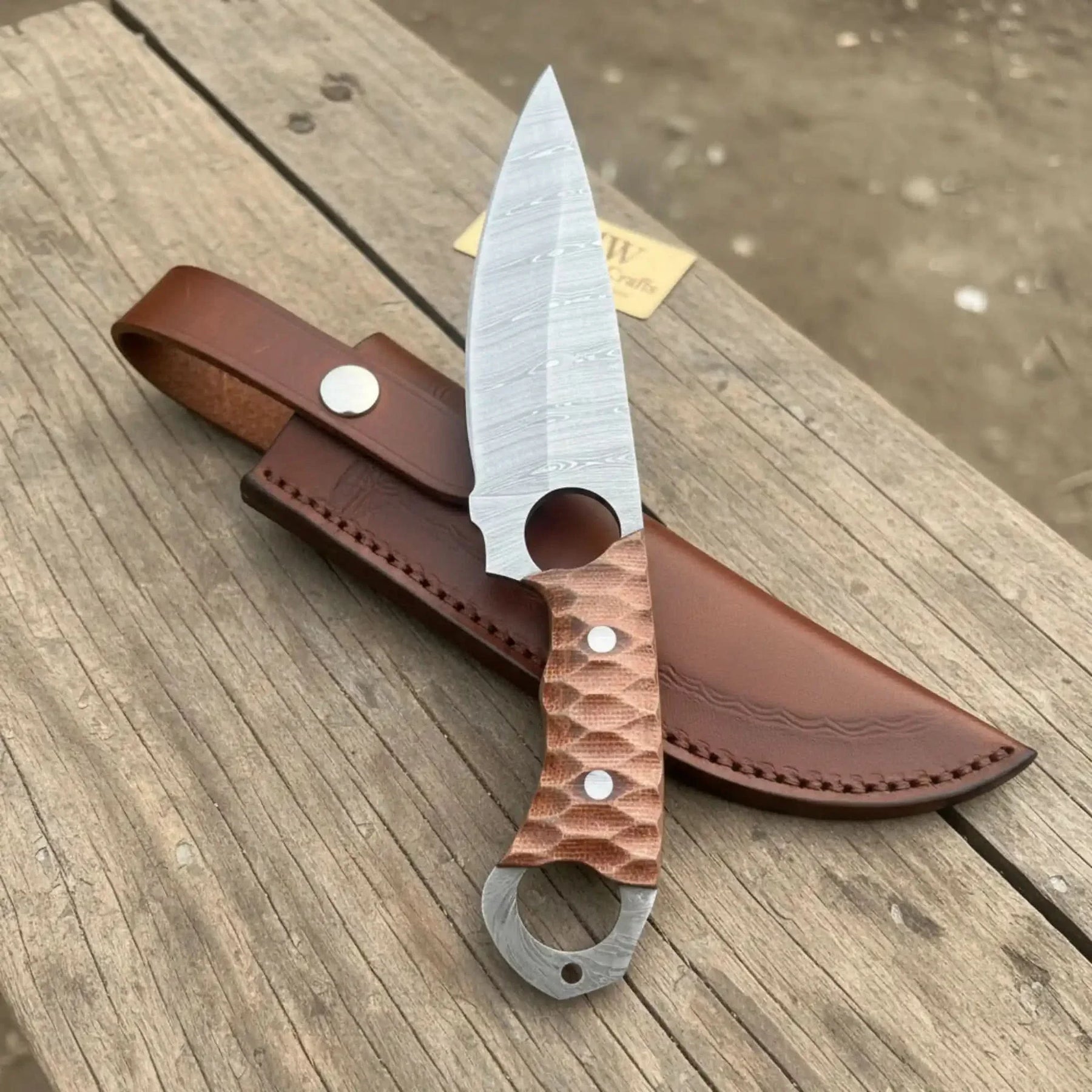 Handmade Damascus Karambit Hunting Knife with Brown Micarta Handle by JW SteelCrafts, Damascus knife main product photo