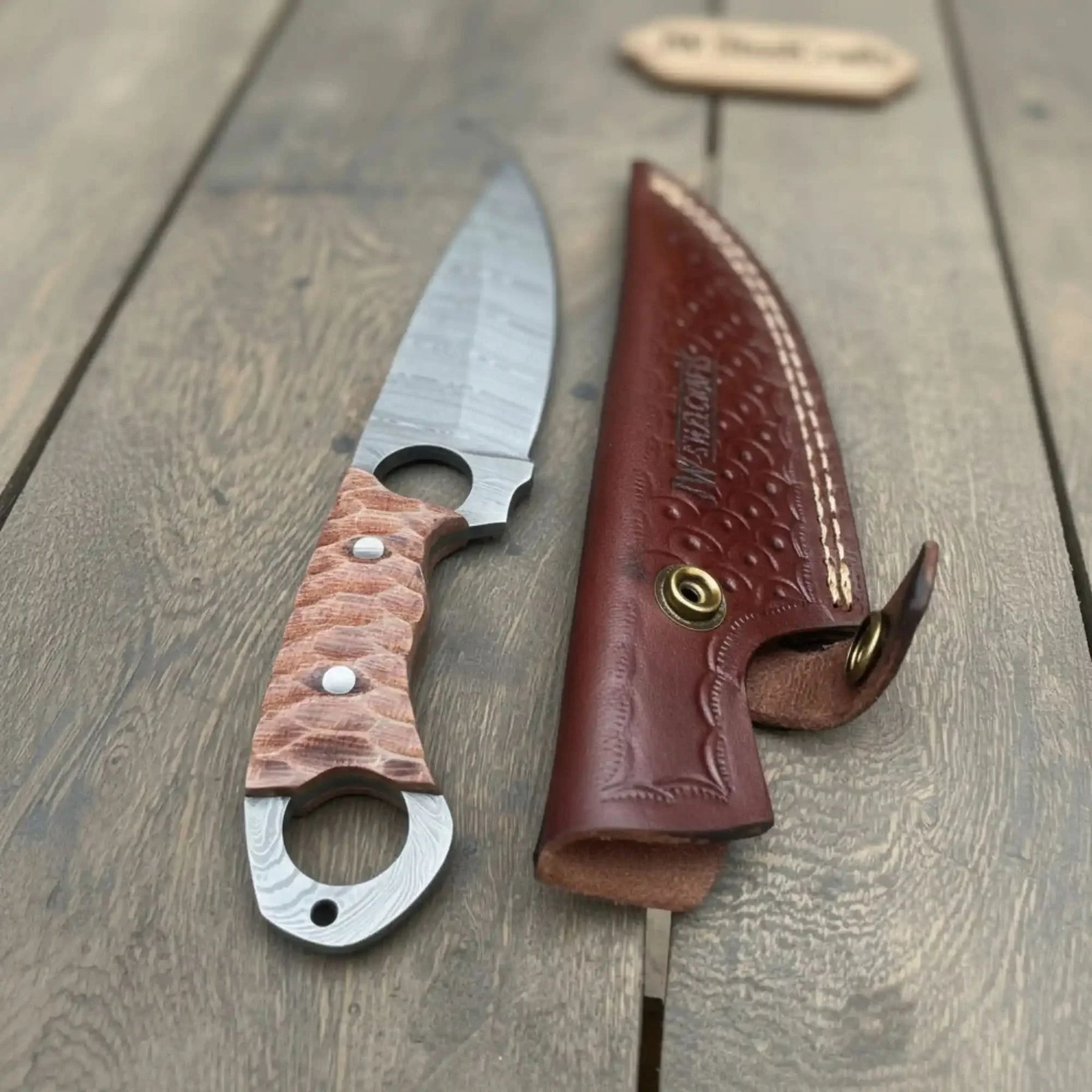 Handmade Damascus Karambit Hunting Knife with Brown Micarta Handle by JW SteelCrafts, Damascus knife detail photo 2