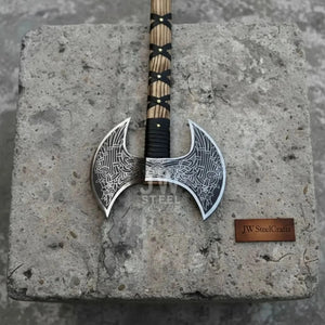 Hand Engraved Double Headed Viking Axe with Nordic Knotwork and Leather Wrapped Handle detail view by JW SteelCrafts