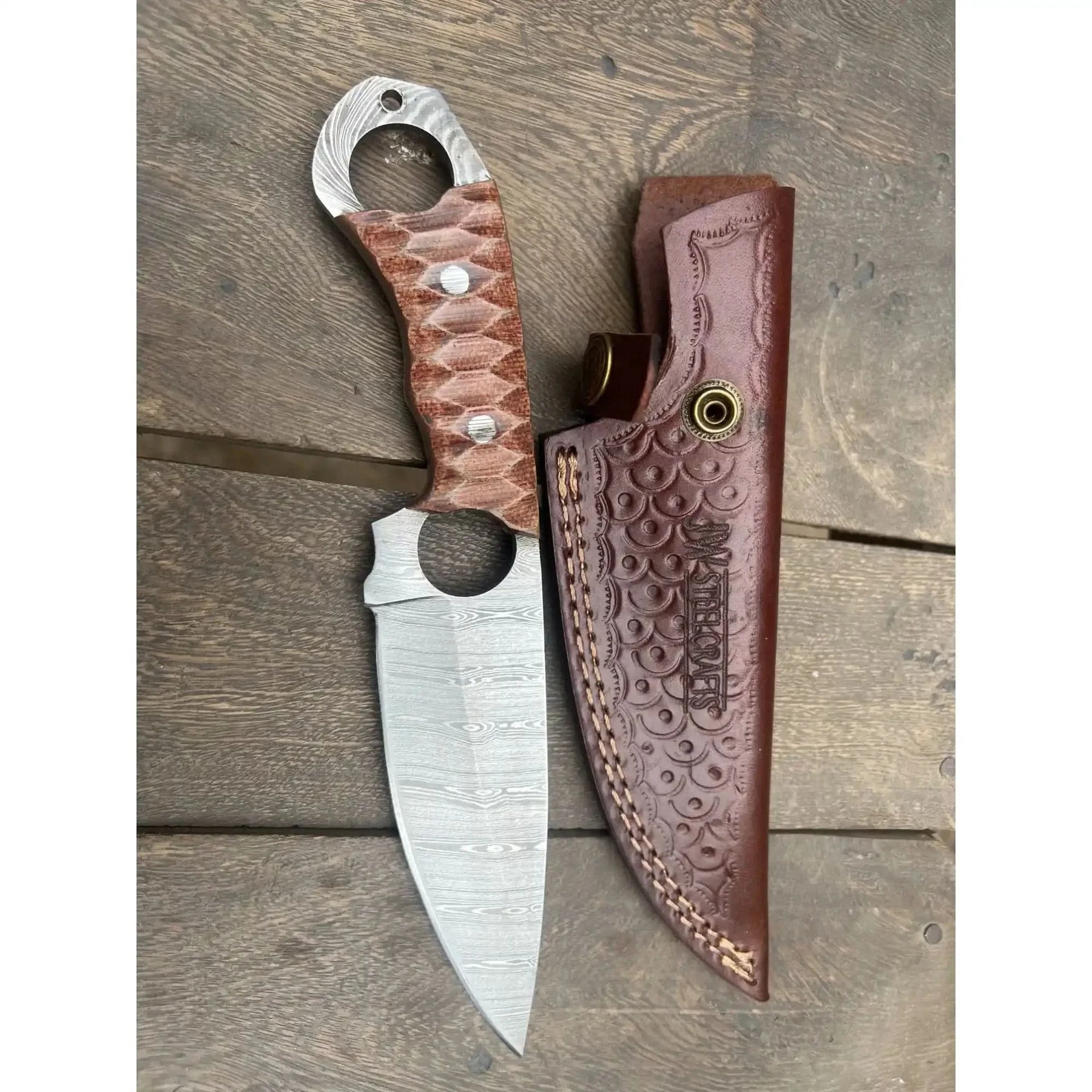 Handmade Damascus Karambit Hunting Knife with Brown Micarta Handle by JW SteelCrafts, Damascus knife detail photo 4